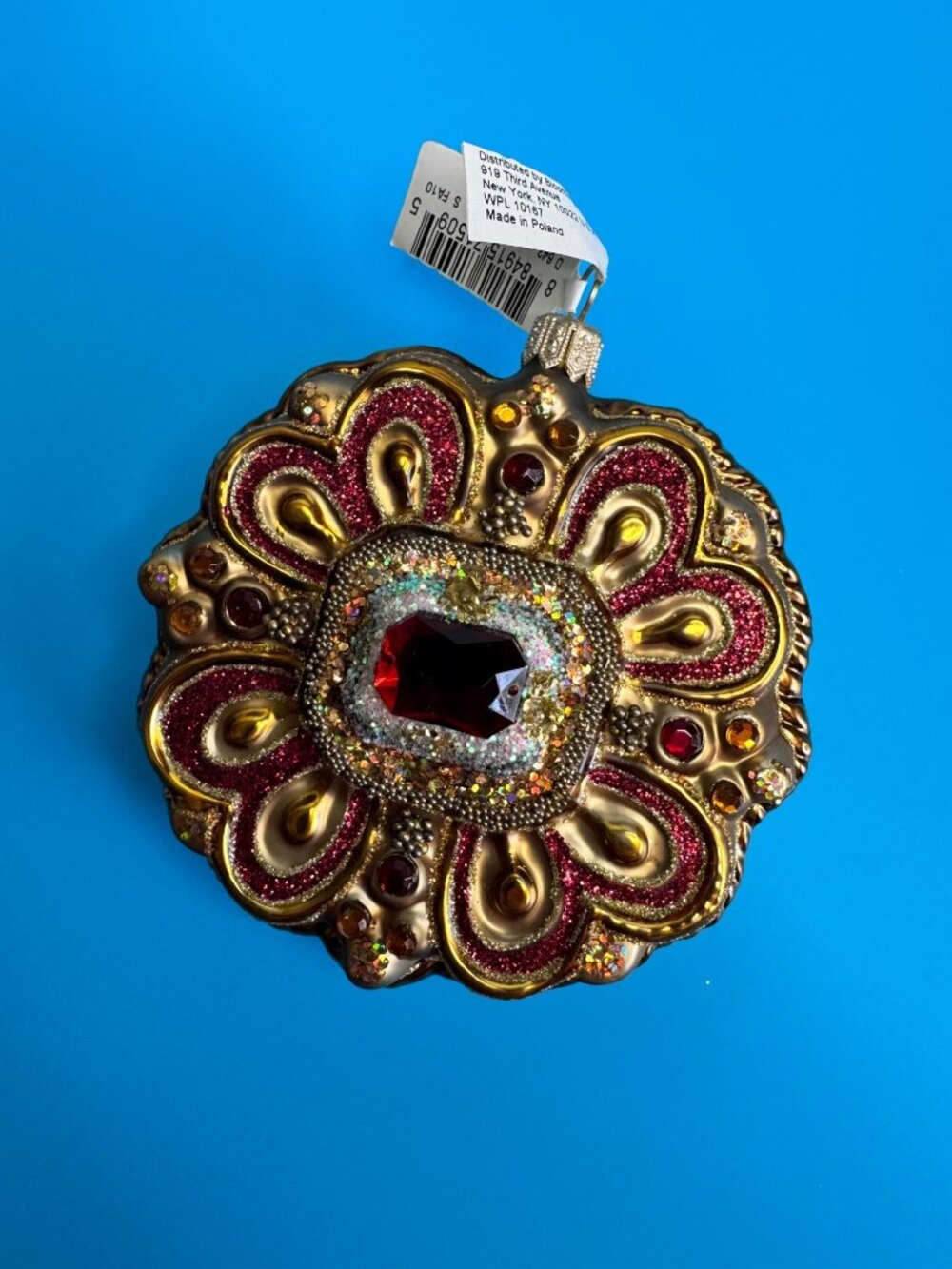 Vintage Polish Glass Jewel Ornament Bloomingdales Ruby Glitter Medallion 3.5” - Picture 4 of 7